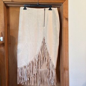 Main Strip Asymmetrical Cream Fringe Skirt